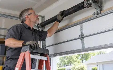 A garage door technician on a stepladder inspecting the torsion spring above a door